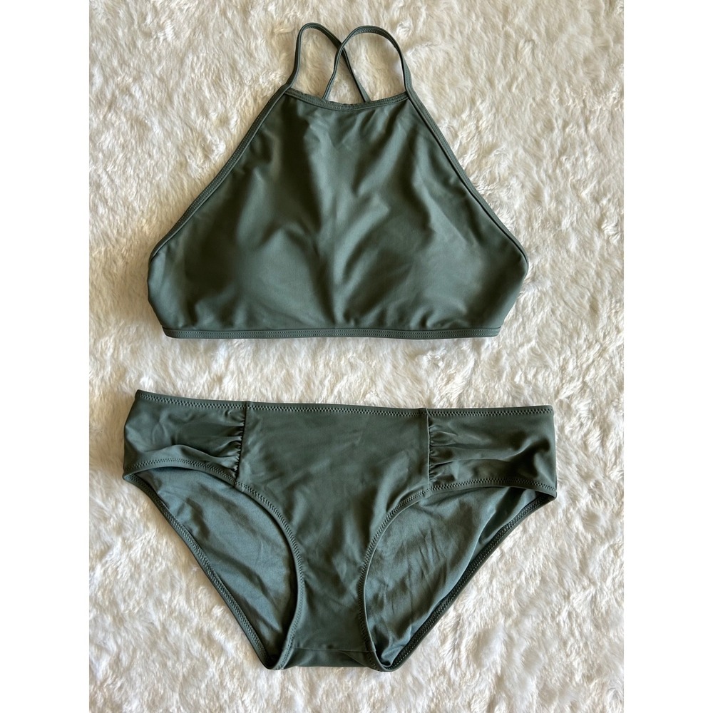 Aerie Green High Neck Halter Strappy Back Bikini Top & Hipster Bottoms SwimsuitS - Picture 1 of 6